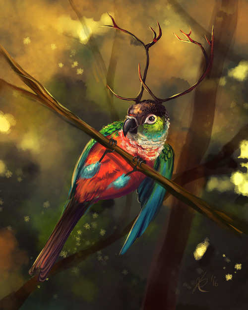 artsjart: Crimson Bellied Conure with Barsingha Antlers, commissioned by @sleepysundae. Thank you so