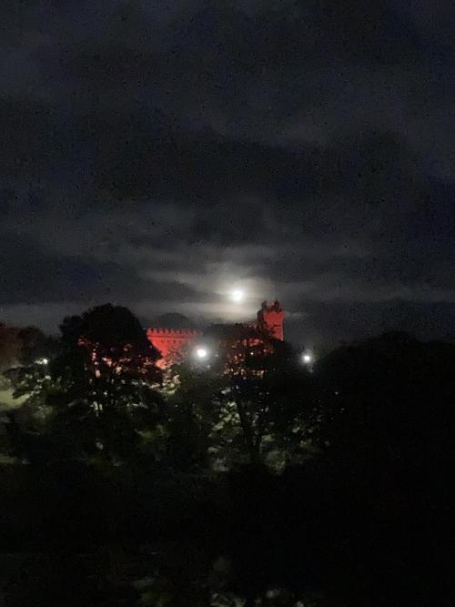 evilbuildingsblog:  The water tower here (just looks fancy) lit up like Dracula’s castle