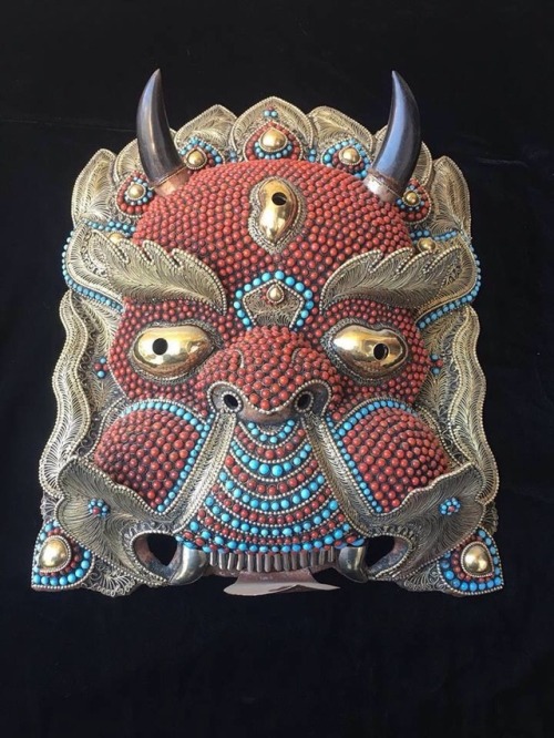Magnificent Nepalese Silver-plated Turquoise &amp; Coral Bhairab Mask – the “Mask of