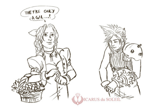 icarus-doodles:  I always wondered where Cloud put the flower after he bought it from Aerith. (Originally posted on Twitter) 