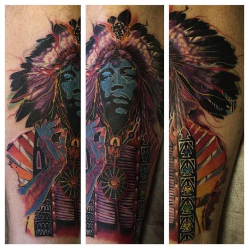 Super vibrant Jimi Hendrix tattoo by Half Pint.
