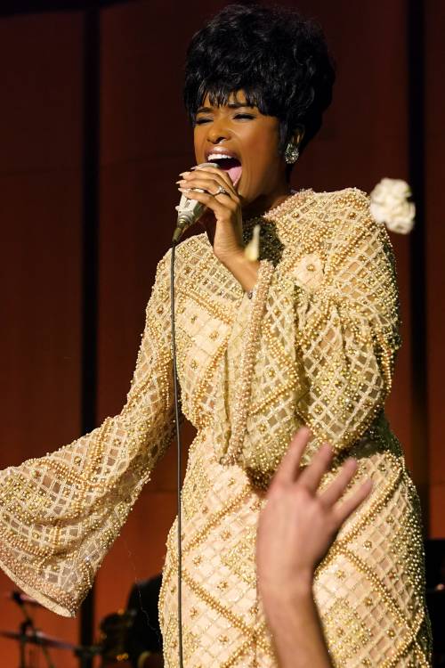 Aretha Franklin (Jennifer Hudson) Cream colored beaded gown.. Respect (2021).. Costume by Clint Ramo