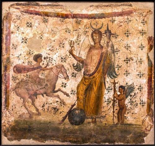 Isis-Selene, with a cupid figure on her left, and Harpokrates on horseback. Pompeii, 1st century A.D