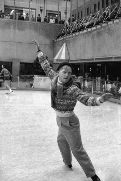Truman Capote ice skating at the famous Rockefeller Center rink, New York, January 1st, 1959. Photog