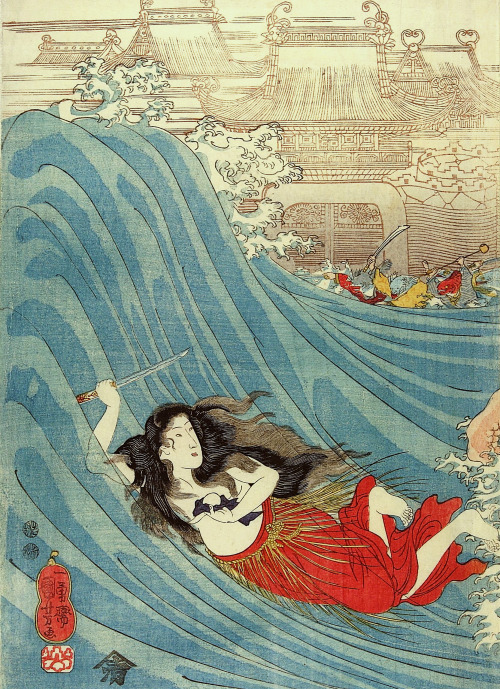 Tamatori chased by a giant octopus. Detail of triptych by Utagawa by Kuniyoshi ~ 1847• via Bibliothè