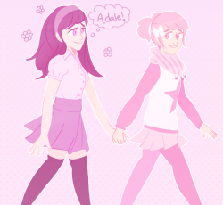 purepazaak:  FINALLY drew madoka fanart in honor of femslash february madoka &amp; homura go on a date and hold hands and homura is probably a giant loser about it the end 