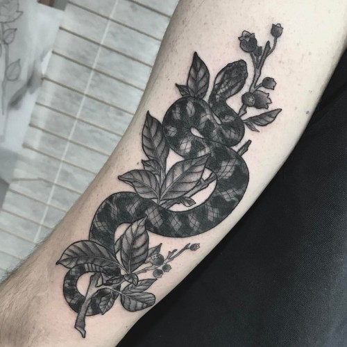 A Georgian bay tribute….Massasagua Rattlesnake with a blueberry sprig. (at Passage Tattoo)