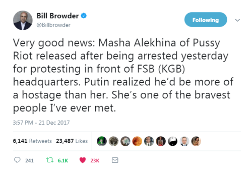 “Very good news: Masha Alekhina of Pussy Riot released after being arrested yesterday for protesting