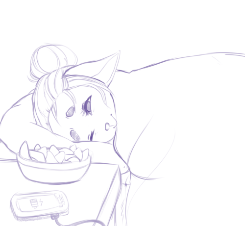 hensa:  Art for Fayleh and Hen waking up to sugar peas.  Rawr~ One kickass gal and one adorable little pea~