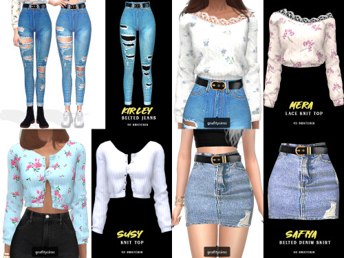 Includes 4 items:Kirley Belted Jeans (40 swatches) [ DOWNLOAD ] ;Mera Lace Knit Top (45 swatches) [ 
