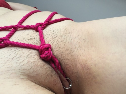 miniature-minx:Another little harness using some 15ft magenta rope, featuring my cute new clit hood 