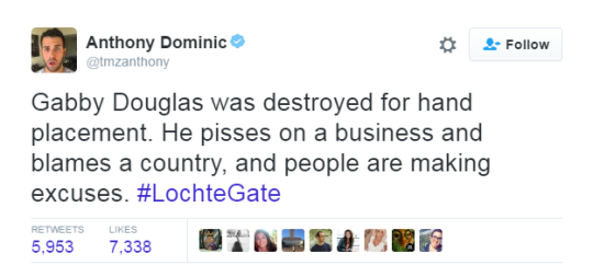 itsshameless:  blackmattersus:   As it turns out, Lochte and his teammates were at a Rio gas station, and one of them got locked in a bathroom. To get the teammate out, they broke down the door. And then they got into an altercation with a gas station