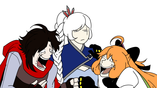 cosmokyrin: Weiss: I’m not gay.Ruby and Penny: wheeze—based on the laughing wolves meme&