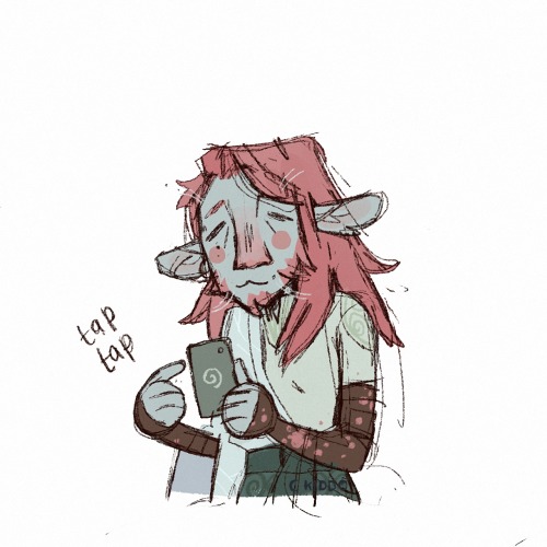 a digital drawing of caduceus searching something on a phone still with a sleepy expression.