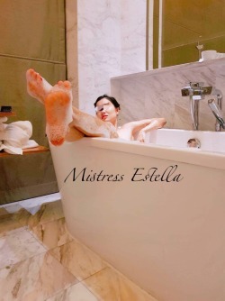 mistressestellad:  Enjoying a nice warm soapy bubble bath 🛀 in my beautiful room after a long day. Beg me hard if you wish to lick the foam of my pretty feet.