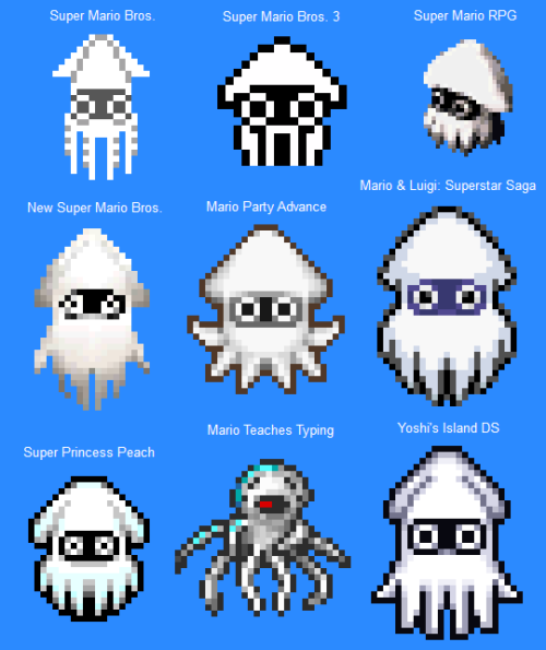 ladybobofdoom:kasaneteto: suppermariobroth:  A selection of Blooper sprites over the years.  ok what the fuck happened to blooper when mario tried to teach him to type  