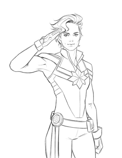 Captain Marvel digital rough lines. Transferring this on a blank cover and painting it in gouache. W