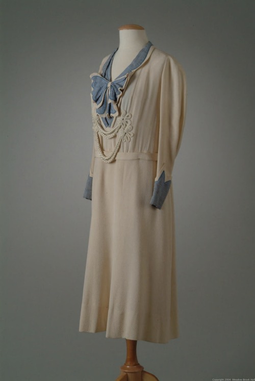 Dress, Peggy Hoyt, crepe trimmed with gingham and silk cord, 1935. Meadowbrook Hall Historic Costume