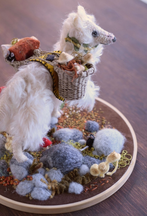 sewgoods - Mushroom-toting borzoi embroidery hoop. mohair, wool...