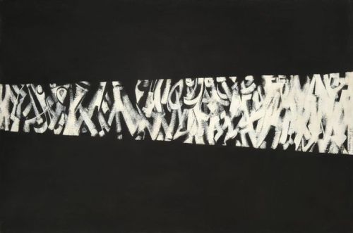 In Processional, Norman Lewis set a series of white brushstrokes in a widening shape, evoking a beam