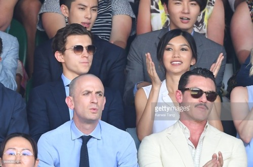 Gemma Chan, Tom Holland, Emma Watson and Luke Evans attend the men&rsquo;s singles final on day 