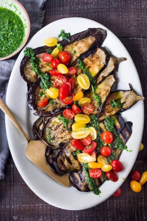 grilled eggplant steaks with gremolata and tomatoes