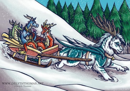 delyth-thomas-art:Jingles’ day job is offering sleigh rides to stranded dragons.#jingle #jingles #art #dragon #winter #s