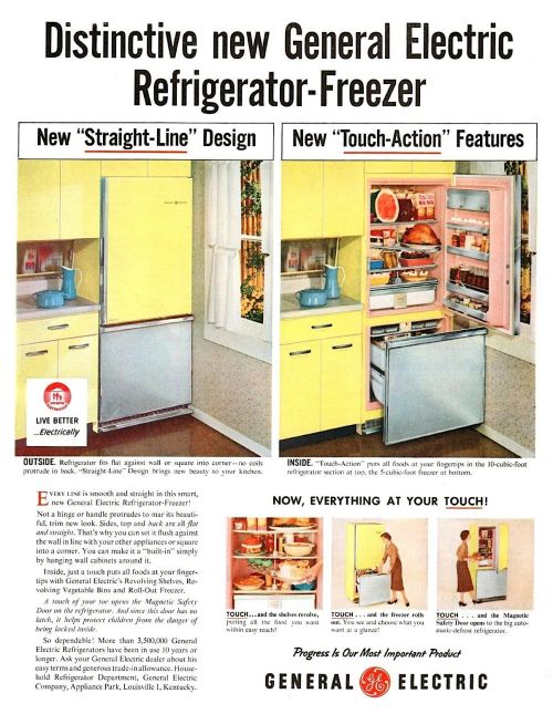 General Electric Co, 1957 #GE#ad#1957#refrigerator#freezer#mid-century#vintage#advertisement#1950s#kitchen#advertising#pink#yellow#midcentury#touch action#modern#features#progress#design#home#mid century