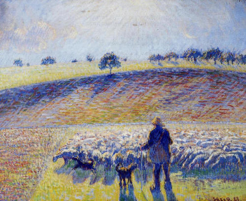 artist-pissarro:Shepherd and Sheep, 1888, Camille Pissarro