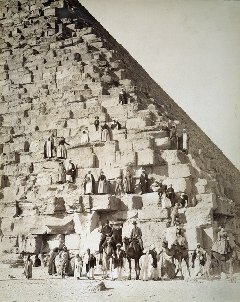 grandegyptianmuseum:Tourists photographed at the Great Pyramid in Giza, c.1895.