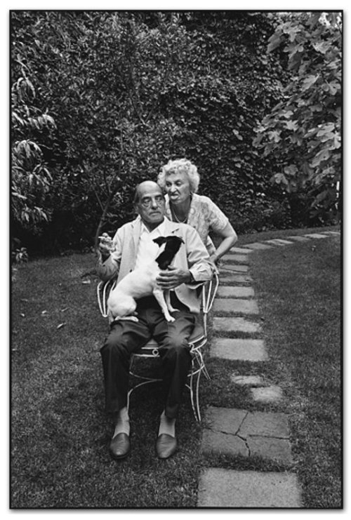 Luis Buñuel and his wife Jeanne Rucar with a surrealistic fox terrier. Mexico City, 1971.