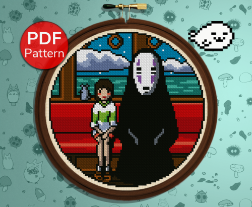 Click on the image to download the pattern.-Spirited Away Train Scene - Free Pattern-19 DMC colorsDe