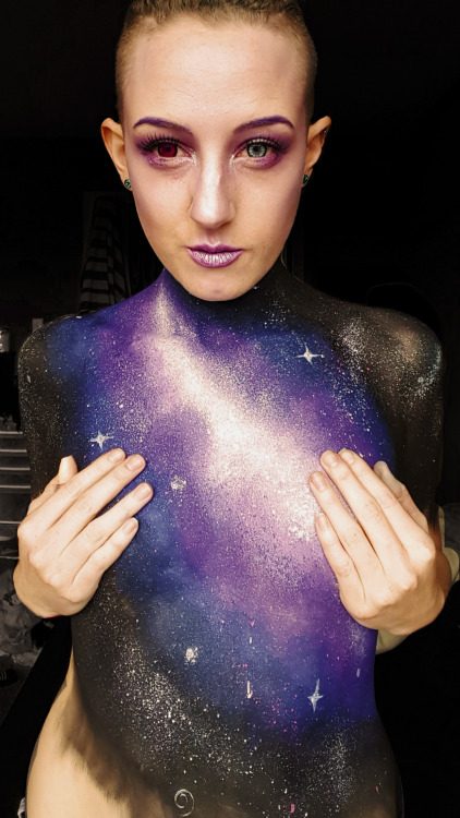 ominouswalrus:    Galaxy Body Paint  I assure you all the appropriate parts are covered by more than just my paint, just as a professional body painter would cover their model.    I’m really happy with how this turned out :) 