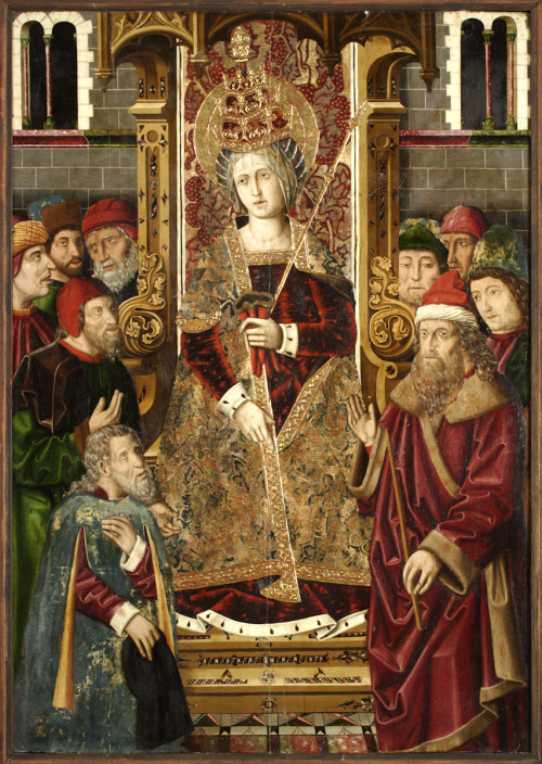Miguel Ximénez - St. Helena enthroned among Jews (c. 1483).She is wearing a Papal tiara.
