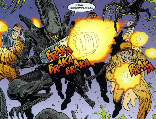 squid-in-a-party-hat:  grislyteeth:  im just lookin at more pages from Aliens: Stronghold (illustrated by doug mahkne)  I LOVE FRIEND ALIEN