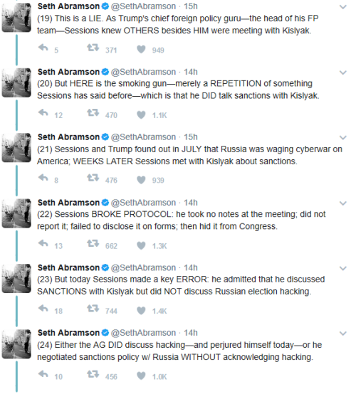 Sessions Testimony Twitter-thread from Seth Abramson, former prosecutor and professor of Journalism,
