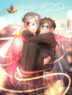 paluumin:  [ never fear, binktop is here! ]one of my pieces for to sweep me off my feet by @adreamingsongbird ! Superhero! Viktor and Reporter! Yuuri &lt;3 for @bigbangonicetag - summary - fic - unkownbird27′s art