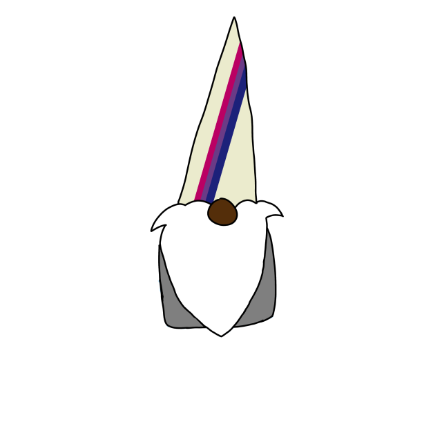 A digitally drawn gnome with a pride flag on its hat. The gnome has a long white beard. It sits on a white background 