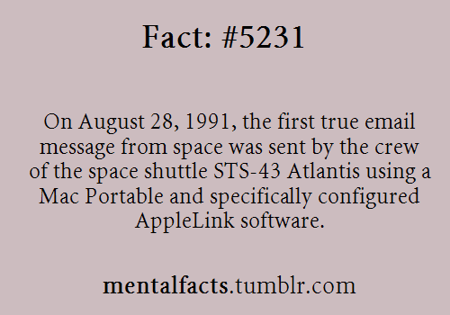 mentalfacts:  Fact  5231:  On August 28, 1991, the first true email message from