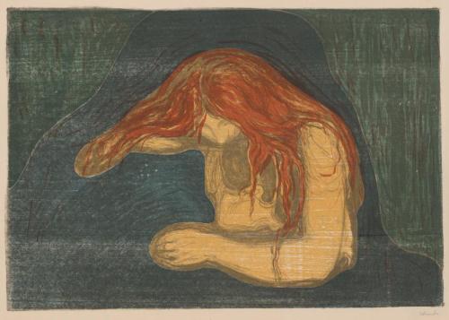 nobrashfestivity:Edvard Munch  Vampire II iterations,  lithograph and woodcut in colors, 1895-1902  