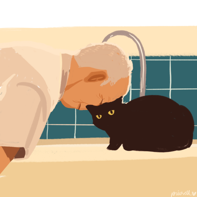 a digital coloured drawing of the old man and his cat from the video above. he is pressing his forehead into the black cat's head while the cat is sitting on a beige coloured counter, looking at the camera. end of ID.