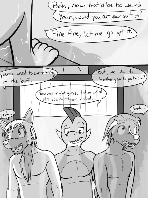 PCA: Timeskip Tales, pg 9-10Gao’s a little bit too comfortable being in the buff, and Pawl and Jolt are too embarrassed to strip down, even among themselves.