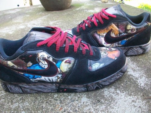 Hand painted ‘Night of the Living Dead’ custom Nikes with hand made aluminum engraved sh