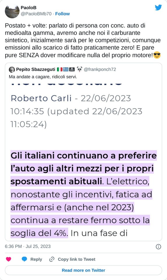 Postato + volte: parlato di persona con conc. auto di medioalta gamma, avremo anche noi il carburante sintetico, inizialmente sarà per le competizioni, comunque emissioni allo scarico di fatto praticamente zero! E pare pure SENZA dover modificare nulla del proprio motore!😎 https://t.co/mawnFfUD8C  — PaoloB (@PaoloBMb70) July 25, 2023