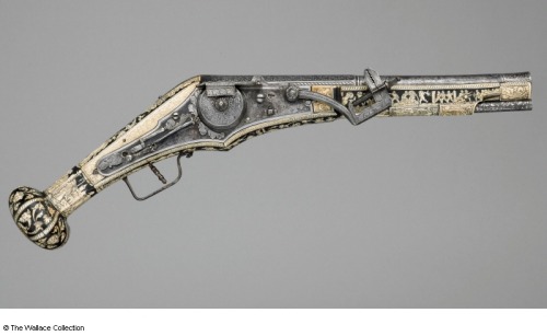 A bone mounted wheel-lock pistol originating from Brunswick, Germany, mid 16th century. Currently on