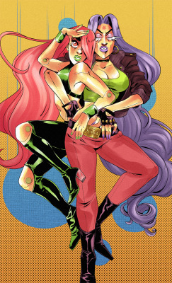 noszle:My own take on a JoJo’s style cover with my space girls Socket (Pink haired android) and Unicon, space pirate extraordinaire.