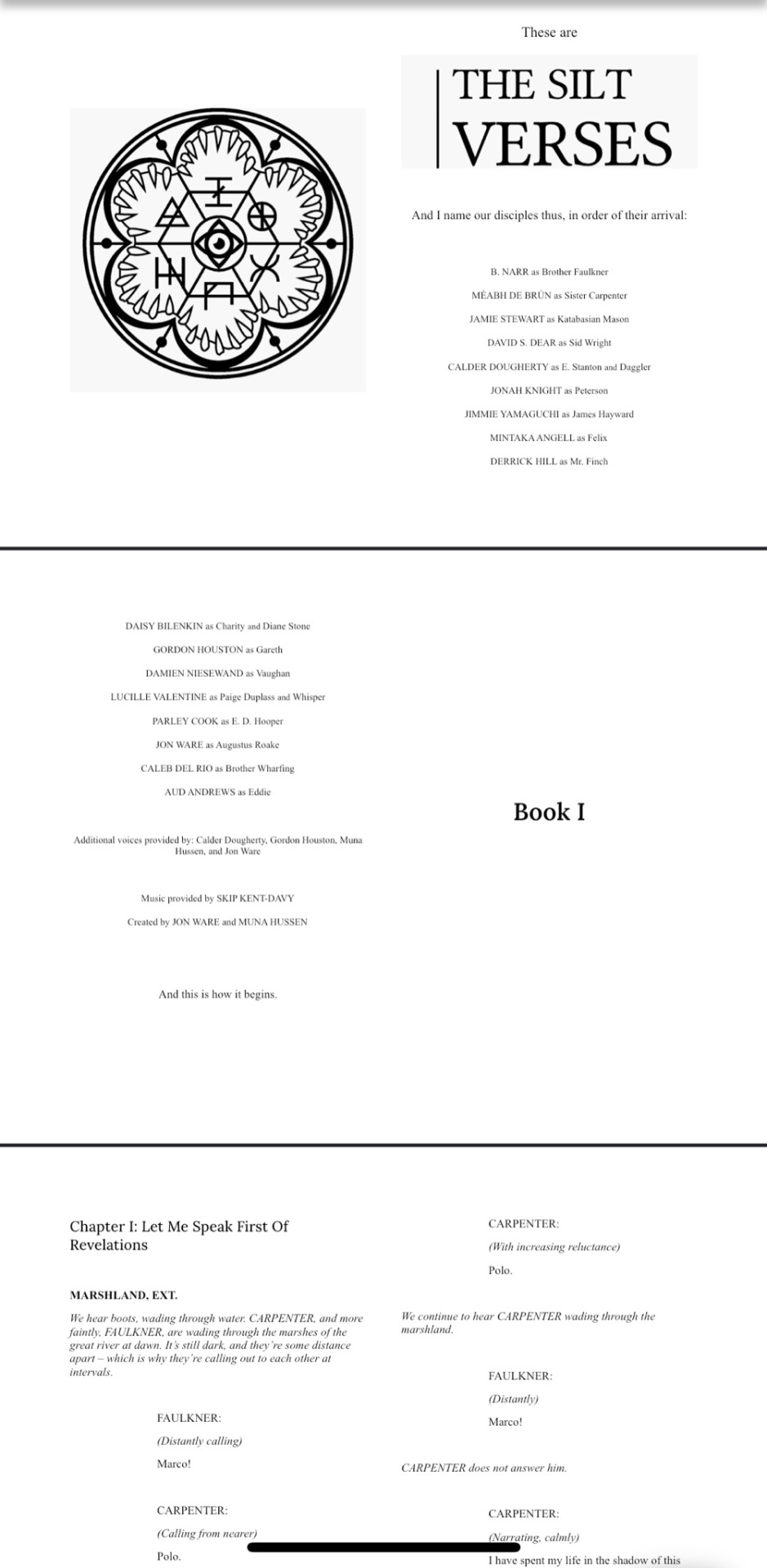 ID: A screenshot of the first several pages in Google docs, which includes the cast list and the beginning of the first chapter. /end ID