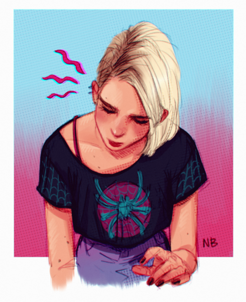 chaoticlesbianenergy:atalienart:Gwen Stacyid: Gwen Stacy looks down, focused, extending a hand. Her 