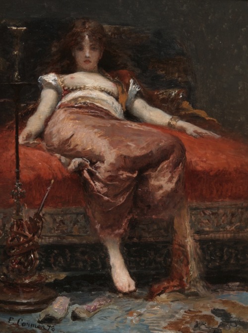 songesoleil: Femme au narguilé.1878. Oil on panel. 35 x 26 cm. Art by Fernand Cormon.(1845-19