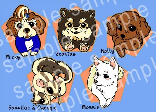 In addition to my new prints, I cooked up these lil acrylic pin babies! BTS has such cute pets, I co